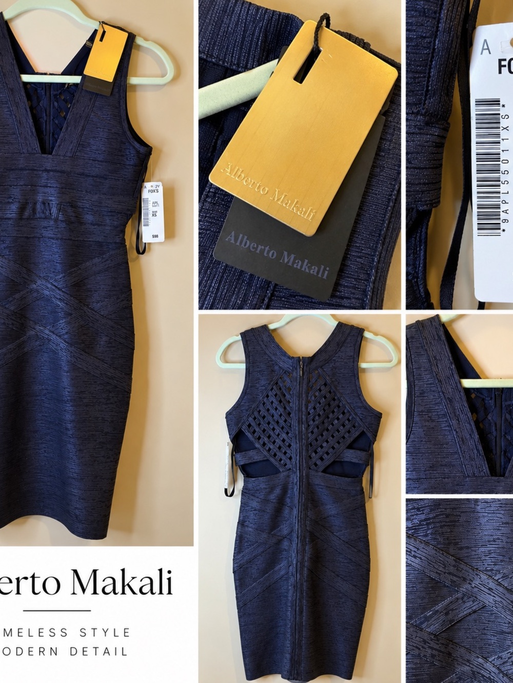 Alberto Makali Navy Textured V-Neck Lattice-Back Midi Dress